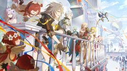 3boys 6+girls absurdres aglaea_(honkai:_star_rail) anaxa_(honkai:_star_rail) angel_wings animal_ears black_coat black_gloves black_leotard black_tiara blonde_hair boots breasts castorice_(honkai:_star_rail) cat_ears cat_girl cat_tail chrysos_heirs_(honkai:_star_rail) cipher_(honkai:_star_rail) coat commentary crowd dress english_commentary flower flower_collar gloves gold_boots green_hair grey_hair hair_flower hair_ornament highres honkai:_star_rail honkai_(series) hyacine_(honkai:_star_rail) kephale_(honkai:_star_rail) leotard long_hair medium_hair multiple_boys multiple_girls mydei_(honkai:_star_rail) pink_hair pointy_ears purple_eyes purple_hair red_hair short_hair smile stelle_(honkai:_star_rail) tail tiara toriumu trailblazer_(honkai:_star_rail) trianne_(honkai:_star_rail) tribbie_(honkai:_star_rail) trinnon_(honkai:_star_rail) twintails white_dress white_hair wings
