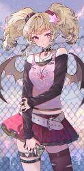 1girl absurdres arm_across_waist bare_shoulders belt belt_buckle black_shirt blonde_hair blue_sky blush bow brown_thighhighs buckle cellphone chain-link_fence cityscape closed_mouth collar collarbone commentary day demon_wings english_commentary fence hair_bow hair_ornament hair_scrunchie hand_on_own_arm heart heart_o-ring highres holding holding_phone jewelry long_hair long_sleeves looking_at_viewer miniskirt multicolored_hair multiple_rings necklace o-ring off-shoulder_shirt off_shoulder original outdoors phone pink_eyes pink_skirt pink_tank_top plaid_clothes plaid_skirt pointy_ears quad_braids ring scrunchie shirt single_thighhigh skirt sky smartphone solo star_(symbol) star_hair_ornament star_necklace tank_top thigh_strap thighhighs torn_clothes torn_thighhighs two-tone_hair white_bow wings zonana