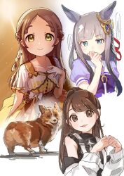 3girls animal_ears blue_eyes blush brown_eyes brown_hair character_request chrono_genesis_(umamusume) collarbone gakuen_idolmaster grey_hair hair_between_eyes hair_ornament highres horse_ears idolmaster kuramoto_china moko39_takasora multiple_girls portrait school_uniform smile umamusume welsh_corgi white_background