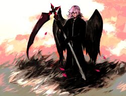 1boy absurdres black_coat black_coat_(kingdom_hearts) black_gloves black_wings cloud cloudy_sky coat commentary falling_petals feathered_wings full_body gloves grass hands_up highres holding holding_scythe kingdom_hearts kingdom_hearts_chain_of_memories kingdom_hearts_ii light_smile long_coat long_hair long_sleeves male_focus marluxia petals pink_clouds pink_hair pink_petals pink_sky scythe sky snoozaga solo wind wings