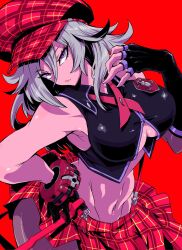 1girl alisa_ilinichina_amiella arm_warmers bare_shoulders black_gloves black_vest breasts newsboy_cap closed_mouth commission cowboy_shot cropped_vest elbow_gloves fingerless_gloves gloves god_eater god_eater_burst grey_hair hair_between_eyes hand_on_own_hip hat highres large_breasts long_hair looking_at_viewer navel nehitsuji_(syatihokoga) plaid_clothes plaid_skirt purple_eyes red_background red_hat red_skirt red_suspenders revealing_clothes sidelocks simple_background single_arm_warmer single_bracer single_elbow_glove skeb_commission skirt stomach suspender_skirt suspenders suspenders_slip vest