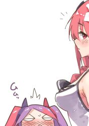 2girls ^^^ blank_eyes braid breast_envy breasts commentary_request from_side io_(princess_connect!) io_(summer)_(princess_connect!) ito_ryo looking_at_viewer medium_breasts misaki_(princess_connect!) multicolored_hair multiple_girls notice_lines princess_connect! purple_hair red_eyes red_hair twintails two-tone_hair v-shaped_eyebrows