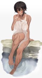 1girl absurdres areola_slip arm_support black_hair blush breasts brown_eyes commentary_request covering_privates dark-skinned_female dark_skin feet hair_between_eyes highres holding holding_towel large_breasts looking_at_viewer nude nude_cover one-piece_tan original parted_lips ripples see-through_clothes simple_background sitting soaking_feet solo tan tanline toenails toes towel very_long_fingernails water water_drop wet wet_towel white_background yuya_(yuya_illust)