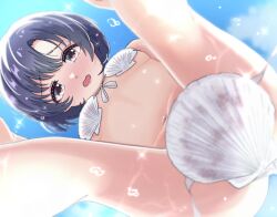 Rule 34 | bikini, black hair, blue sky, blush, cloud, convenient censoring, from below, highres, idolmaster, idolmaster cinderella girls, navel, scallop, shell, shell bikini, shiragiku hotaru, short hair, sky, swimsuit, thewatchertmk, wardrobe malfunction, water drop
