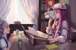 3girls ^_^ animal animal_ears black_cat blue_bow blue_ribbon blue_vest book bookshelf bow braid capelet cat cat_ears center_frills closed_eyes closed_mouth collared_shirt commentary_request crescent crescent_hair_ornament cup curtains demon_girl dress_shirt drink drinking eyelashes facial_mark fake_animal_ears flower frilled_sleeves frills from_side glass hair_bow hair_ornament hair_ribbon hat head_tilt highres holding holding_cup holding_tray indoors inkwell izayoi_sakuya jiliang_ji_ying koakuma light_smile long_hair long_sleeves looking_at_another maid_headdress mob_cap multiple_girls necktie open_book patchouli_knowledge paw_pose pointing profile puffy_short_sleeves puffy_sleeves purple_hair quill reading red_bow red_eyes red_hair red_necktie red_ribbon red_skirt red_vest ribbon shade shirt short_sleeves silver_hair sitting skirt skirt_set smile table teacup touhou tray tress_ribbon vase vest water whisker_markings white_flower white_shirt wrist_cuffs