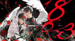 Rule 34 | 2boys, absurdres, arm around back, black background, black coat, black hair, black shirt, blood, blood on face, blurry, blurry foreground, canvas texture, carrying, closed eyes, coat, english text, falling petals, feathered wings, flower, glint, glowing, haze, highres, kim dokja, lantercat, leaning on person, light particles, multiple boys, omniscient reader&#039;s viewpoint, petals, princess carry, red flower, red rose, rose, shirt, short hair, sky, sparkle, star (sky), starry sky, too many flowers, upper body, white coat, white wings, wings, x, yoo joonghyuk