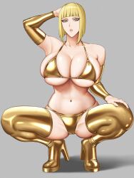 1girl arm_behind_head arm_up bare_shoulders bikini blonde_hair blue_eyes blunt_bangs boots breasts cleavage collarbone elbow_gloves gloves gold_bikini gold_boots grey_background high_heel_boots high_heels highres hihizaru_badass large_breasts latex latex_boots looking_at_viewer naruto_(series) naruto_shippuuden navel open_mouth original samui_(naruto) simple_background solo squatting swimsuit thigh_boots