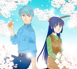 Rule 34 | 1boy, 1girl, belt, blue eyes, blue hair, bow, dress, flower, grin, hashiba touma, kayura, long hair, pants, ponytail, ronin warriors, samurai, short hair, sidelocks, sitting, smile, sunrise (company), yoroiden samurai troopers