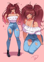 1girl absurdres boots breasts cleavage deliciousbrain denim earrings gradient_hair high_heel_boots high_heels highres hoop_earrings jeans jewelry justine_o&#039;neil large_breasts lipstick long_hair makeup multicolored_hair multiple_views pants pink_background red_hair simple_background solo tatakau_ni_atai_suru torn_clothes torn_jeans torn_pants twintails very_long_hair