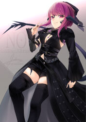 1girl au_ra black_dress black_shorts black_thighhighs boots bow breasts capelet cleavage detached_sleeves dragon_girl dragon_horns dragon_tail dress final_fantasy final_fantasy_xiv hair_bow highres horns looking_at_viewer nanase_kokono navel purple_eyes purple_hair scales shorts single_detached_sleeve solo tail thigh_boots thighhighs warrior_of_light_(ff14)