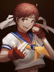 Rule 34 | 1girl, absurdres, blood, blood from mouth, blood on clothes, blue sailor collar, bob cut, breasts, brown eyes, brown hair, clenched hand, commentary, crop top, english commentary, fighting stance, fingerless gloves, gloves, hair ribbon, highres, kasugano sakura, looking at viewer, medium breasts, midriff, neckerchief, numanoan, red gloves, ribbon, sailor collar, school uniform, serafuku, shirt, short hair, smile, solo, street fighter, teeth, upper teeth only, white ribbon, white shirt, yellow neckerchief
