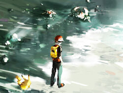 1boy backpack bag baseball_cap commentary creatures_(company) game_freak gen_1_pokemon green_pants hat jacket krabby lillin looking_back male_focus nintendo pants pikachu pokemon pokemon_(creature) pokemon_frlg red_(pokemon) red_headwear shirt shoes short_hair short_sleeves sleeveless sleeveless_jacket standing staryu yellow_bag