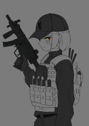 Rule 34 | 1girl, absurdres, ammunition pouch, backpack, bag, baseball cap, belt, blush, bulletproof vest, closed mouth, commentary, cowboy shot, english commentary, from side, gloves, grey background, gun, h&amp;k mp5k, hat, highres, holding, holding gun, holding weapon, limited palette, long sleeves, magazine (weapon), monochrome, new york yankees, okapi (yomaigoto), original, pants, partially colored, pouch, short hair, simple background, solo, submachine gun, sweater, trigger discipline, turtleneck, turtleneck sweater, vertical foregrip, weapon, yellow eyes