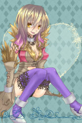 1girl akanegusa black_panties blue_background breasts brown_coat brown_gloves brown_hair cleavage coat commentary_request cross-laced_clothes cross-laced_gloves elbow_gloves full_body fur-trimmed_coat fur_trim gloves gradient_hair grey_shoes hair_between_eyes lace lace-trimmed_legwear lace_trim long_bangs long_hair looking_at_viewer medium_breasts multicolored_hair open_mouth panties purple_hair purple_thighhighs ragnarok_online shadow_chaser_(ragnarok_online) shoes sitting smile solo thighhighs underwear yellow_eyes