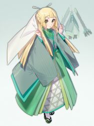 alternate_costume alternate_hairstyle blonde_hair blunt_bangs blush braid celesteela celesteela_(cosplay) commentary cosplay english_commentary fua1heyvot4ifsr full_body gen_7_pokemon geta gradient_background green_background green_eyes green_kimono green_sandals hair_ornament hair_stick half_up_half_down_braid hands_up highres japanese_clothes kimono layered_clothes lillie_(pokemon) long_hair long_sleeves looking_at_viewer looking_to_the_side nintendo okobo parted_lips platform_sandals pokemon pokemon_sm reference_inset sandals socks standing three_quarter_view ultra_beast w_arms white_background white_socks wide_sleeves