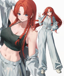 1girl :d absurdres arm_up black_bow bow braid breasts closed_mouth commentary crop_top full_body green_tank_top hair_bow hand_in_pocket highres holding holding_behind_back hong_meiling hood hooded_jacket hooded_track_jacket jacket large_breasts long_hair long_sleeves looking_at_viewer midriff multiple_views navel open_clothes open_jacket open_mouth pants parted_bangs red_hair sarukana shoes side_braids simple_background smile stomach tank_top touhou track_jacket track_pants v very_long_hair white_background white_pants white_shoes zipper