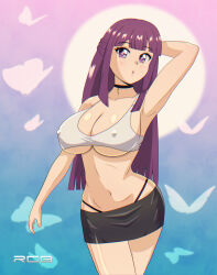 1girl arm_behind_head armpits artist_name breasts cleavage covered_erect_nipples fern_(sousou_no_frieren) highres large_breasts legs long_hair midriff navel no_bra open_mouth purple_eyes purple_hair rcbcreates sideboob skirt solo sousou_no_frieren tank_top thighs thong underboob very_long_hair whale_tail_(clothing)