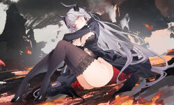 1girl absurdres admiral_zenker_(azur_lane) ass azur_lane black_dress black_horns black_shoes black_thighhighs breasts clothing_cutout dress dutch_angle flantia high_heels highres horns lace lace-trimmed_thighhighs lace_trim large_breasts lava long_hair long_sleeves multicolored_hair navel_cutout pink_eyes red_hair shoes sitting solo streaked_hair thighhighs two-tone_hair white_hair