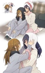 2girls 404no2929 after_bathing black_hair black_socks blush brown_hair closed_eyes closed_mouth commentary drying drying_another&#039;s_hair drying_hair grey_pajamas hair_between_eyes highres knees_up long_hair long_sleeves looking_at_another miya_(404no2929) multiple_girls original pajamas pink_pajamas purple_eyes shion_(404no2929) sidelocks simple_background sitting smile socks towel towel_around_neck towel_on_head wariza white_socks yuri