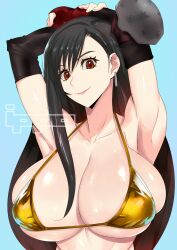 Rule 34 | 1girl, absurdres, armpits, arms behind head, arms up, bikini, black hair, blue background, breasts, brown eyes, detached sleeves, earrings, final fantasy, final fantasy vii, fingerless gloves, gloves, gold bikini, highres, huge breasts, ippo, jewelry, lips, long hair, looking at viewer, mousepad, smile, swimsuit, tifa lockhart, yellow bikini