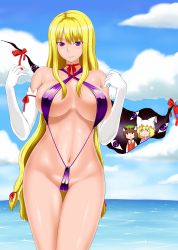 Rule 34 | 3girls, :&lt;, animal ears, animal hat, bad id, bad pixiv id, bikini, blonde hair, blue sky, bow, breasts, brown hair, cat ears, chen, cloud, covered erect nipples, day, dress, elbow gloves, gap (touhou), gloves, hat, hat with ears, large breasts, long hair, micro bikini, mob cap, multiple girls, navel, no headwear, outdoors, mob cap, poronegi, purple bikini, purple eyes, red dress, sky, slingshot swimsuit, sweat, swimsuit, thigh gap, touhou, tree, very long hair, water, white gloves, yakumo ran, yakumo yukari