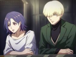 2boys black_shirt blonde_hair blue_eyes blue_hair char_aznable colored_inner_hair elbow_rest green_jacket gundam gundam_gquuuuuux hair_over_one_eye jacket long_sleeves lower_eyelashes_only male_focus multicolored_hair multiple_boys open_mouth purple_hair red_eyes shirouzu_(gundam) shirt short_hair shuji_ito tsubaki_pbwfa turtleneck two-tone_hair upper_body white_shirt