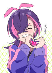 1girl absurdres antenna_hair closed_eyes colored_inner_hair commentary dot_(pokemon) facing_viewer hair_over_one_eye heart heart_hands highres jacket long_sleeves medium_hair multicolored_hair nintendo pink_hair plus_ta pokemon pokemon_(anime) pokemon_horizons purple_hair simple_background solo symbol-only_commentary teeth two-tone_hair upper_body