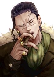 Rule 34 | 1boy, ascot, black coat, black vest, cigar, closed eyes, coat, crocodile (one piece), green ascot, hair slicked back, highres, jewelry, male focus, one piece, ring, sc scandium, simple background, solo, stitched face, stitches, upper body, vest, white background