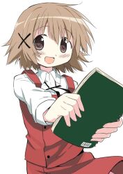1girl brown_eyes brown_hair hair_ornament hairclip hidamari_sketch open_mouth percy_pyl school_uniform short_hair sketchbook source_request wide_face x_hair_ornament yamabuki_high_school_uniform yuno_(hidamari_sketch)