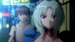 10s 1boy 1girl animated anime_screenshot aqua_hair attack audible_speech axe bad_end blood breasts cleavage death demon_girl dog femdom holding holding_weapon japanese_audio koutetsu_no_majo_anneroze large_breasts looking_at_another looking_at_viewer maid_headdress mitico_fleuretty mocking neon_lights night night_sky pointy_ears purple_eyes road sky smile sound street surprised tagme upper_body video violence weapon