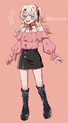1girl black_boots black_skirt blonde_hair blue_eyes blush boots casual choker collarbone frilled_shirt_collar frilled_sleeves frills full_body gradient_hair hair_between_eyes hair_ornament hair_ribbon hair_scrunchie heart heart_hair_ornament highres hiiro_(kiiro_ex) kedarui_aashii kimi_no_koto_ga_dai_dai_dai_dai_daisuki_na_100-nin_no_kanojo knee_boots lace-up_boots long_hair long_sleeves looking_at_viewer miniskirt multicolored_hair neck_ribbon notice_lines off-shoulder_shirt off_shoulder one_side_up open_mouth pink_background pink_hair pink_scrunchie pink_shirt puffy_long_sleeves puffy_sleeves raised_eyebrows red_choker ribbon scrunchie shirt skirt solo standing twitter_username