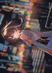 1girl aki_a0623 asu_(sinsekai) blurry blurry_background bokeh brown_hair character_name city_lights clothing_cutout commentary_request copyright_name crosswalk depth_of_field earrings from_side green_eyes highres jewelry kamitsubaki_studio long_sleeves looking_at_viewer looking_to_the_side multicolored_hair official_art outdoors parted_lips second-party_source short_hair shoulder_cutout sideways sinsekai_studio solo two-tone_hair upper_body virtual_youtuber white_hair