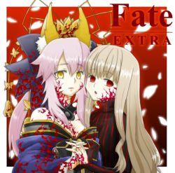 10s 2girls angra_mainyu angra_mainyu_(fate) animal_ears bow breasts corruption cosplay dark_persona dark_sakura_(cosplay) detached_sleeves fate/extra fate_(series) fox_ears fox_tail hair_bow hair_ribbon kishinami_hakuno_(female) kmiru_(yuka) medium_breasts multiple_girls pink_hair possessed possession red_eyes ribbon tail tamamo_no_mae_(fate/extra) twintails white_hair yellow_eyes