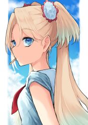 Rule 34 | 1girl, absurdres, blue dress, blue eyes, blue hair, blue sky, blush, breasts, cloud, commentary, curtained hair, day, dress, flower, food, food in mouth, from behind, gradient hair, hair flower, hair ornament, hasu no sora school uniform, highres, link! like! love live!, love live!, mendo (mend0o0 ), multicolored hair, neckerchief, osawa rurino, outside border, parted bangs, pillarboxed, popsicle, popsicle in mouth, red flower, red neckerchief, sailor collar, school uniform, short sleeves, sky, sleeves pushed up, small breasts, solo, summer uniform, sweat, upper body, virtual youtuber, white sailor collar