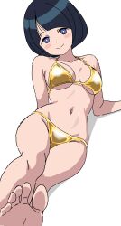 1girl absurdres barefoot bikini black_hair blue_eyes blush_stickers breasts bright_pupils closed_mouth collarbone commentary_request gold_bikini gundam gundam_gquuuuuux highres looking_at_viewer lying medium_breasts navel on_side riokasen shiiko_sugai short_hair simple_background smile solo split_mouth stomach swimsuit white_background white_pupils