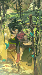 Rule 34 | 1girl, absurdres, animal ears, black hair, black nails, blue butterfly, bug, butterfly, cat ears, cat girl, dungeon meshi, hair between eyes, highres, insect, izutsumi, midriff, navel, omurice (304975636), red scarf, scarf, short hair, smile, solo, tongue, tongue out, walking mushroom (dungeon meshi), yellow eyes