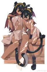 1boy 1girl absurdres alternate_costume ancient_egyptian ancient_egyptian_clothes animal_ears animal_feet black_hair breasts brother_and_sister carmine_(pokemon) choker closed_mouth commentary_request crossed_bangs dappled_sunlight earrings english_text extra_ears gold_choker hand_in_own_hair highres jewelry kieran_(pokemon) knifedragon long_hair looking_at_viewer medium_breasts mole mole_on_neck monster_boy nintendo panther_boy panther_ears panther_girl panther_tail pokemon pokemon_sv purple_hair red_hair siblings simple_background sitting sunlight tail tail_ornament tail_ring tan topless_male watermark weibo_watermark white_background yellow_eyes
