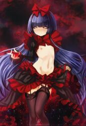 1girl alcohol ars_lycorys artist_name black_souls black_souls_2 black_thighhighs blue_eyes blue_hair blush bow bowtie breasts clothes_lift commission cup dress dress_lift drinking_glass eyelashes flat_chest garter_straps hime_cut loli long_hair looking_at_viewer mabel_(black_souls) midriff nipples red_bow red_dress revealing_clothes revealing_dress ribcage ribs sky small_breasts smile solo solo_focus standing star_(sky) star_(symbol) star_in_eye starry_sky symbol_in_eye thighhighs topless_female universe very_long_hair visible_ribs wine wine_glass