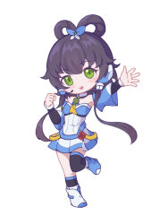 1girl asymmetrical_legwear bare_shoulders black_socks black_thighhighs blue_shoes chibi chinese_commentary detached_sleeves full_body green_eyes grey_hair hair_ornament hair_rings highres long_hair looking_at_viewer luo_tianyi luo_tianyi_v3 open_mouth pleated_skirt pointzhu shoes short_hair_with_long_locks simple_background skirt smile socks solo standing standing_on_one_leg thighhighs twintails uneven_legwear vocaloid vsinger_(vocaloid) white_background white_shoes