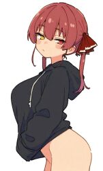 1girl blush bottomless breasts casual hair_ribbon heterochromia highres hololive houshou_marine large_breasts looking_at_viewer no_eyepatch partially_undressed red_eyes red_hair ribbon simple_background solo thighs twintails uwzoa virtual_youtuber white_background yellow_eyes