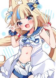 Rule 34 | 1girl, ahoge, animal ear fluff, animal ears, arms up, bikini, bikini under clothes, blonde hair, blue eyes, blush, breasts, cat ears, dress, fang, highres, indie virtual youtuber, kiyokura meru, long hair, multicolored hair, navel, open clothes, open dress, open mouth, open shorts, ribbon, sameko saba, scrunchie, shorts, side-tie bikini bottom, sleeveless, sleeveless dress, small breasts, smile, solo, stomach, streaked hair, striped bikini, striped clothes, swimsuit, twintails, unbuttoned, v, very long hair, virtual youtuber, white dress, white shorts, wrist scrunchie