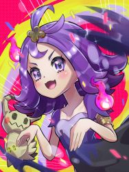 +_+ 1girl acerola_(pokemon) armlet blush claws collarbone creatures_(company) dress fire game_freak gen_7_pokemon ghost_pose highres inana_umi jewelry looking_at_viewer mimikyu nintendo open_mouth pokemon pokemon_(creature) pokemon_sm purple_eyes purple_fire purple_hair smile stitches torn_clothes torn_dress