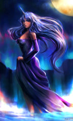 1girl animification clothes_grab detached_sleeves dress female_focus full_moon horns lady_amalthea lilaccu long_hair moon night personification signature silver_hair single_horn solo the_last_unicorn the_unicorn_(the_last_unicorn) water