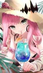 1girl :t absurdres baobhan_sith_(fate) bare_shoulders bikini black_bikini blush bracelet cup drinking_glass drinking_straw drinking_straw_in_mouth elphe fate/grand_order fate_(series) flower green_eyes hand_on_own_cheek hand_on_own_face hat hat_flower head_rest highres hood jewelry long_hair looking_at_viewer pink_hair pink_nails sidelocks solo spiked_bracelet spikes swimsuit upper_body