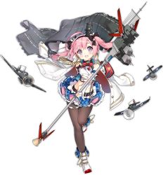 1girl ahoge aircraft armband azur_lane black_pantyhose cannon detached_sleeves female_focus full_body hair_ribbon headband jacket looking_at_viewer military_jacket official_art pantyhose pink_hair remodel_(azur_lane) ribbon saratoga_(azur_lane) saratoga_(retrofit)_(azur_lane) saru solo staff transparent_background twintails