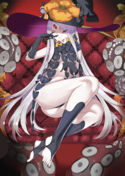 1girl abigail_williams_(fate) abigail_williams_(third_ascension)_(fate) alternate_costume alternate_eye_color alternate_hair_color ass bare_shoulders black_bow black_hat black_panties bow breasts candy chair closed_mouth colored_skin corruption dark_persona eldritch_abomination fate/grand_order fate_(series) feet female_focus food forehead gloves glowing glowing_eye hareno_chiame hat highres keyhole legs lollipop long_hair looking_at_viewer multiple_bows navel official_alternate_costume official_alternate_eye_color official_alternate_hair_color orange_bow panties parted_bangs possessed possession red_eyes sitting small_breasts smile solo stuffed_animal stuffed_toy teddy_bear tentacles third_eye toeless_legwear toes tongue tongue_out underwear very_long_hair white_hair white_skin witch_hat yog-sothoth