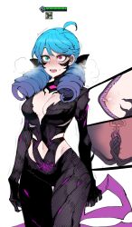 1girl ahoge black_bodysuit black_bow blush bodysuit bow breasts cervix cleavage cross-section d: drill_hair green_eyes green_hair gwen_(league_of_legends) hair_bow heterochromia highres holding holding_weapon large_breasts league_of_legends living_clothes navel nipple_stimulation nipple_tweak nipples open_mouth pussy ratatatat74 revealing_clothes shiny_skin teamfight_tactics teeth tentacle_sex tentacles twin_drills twintails upper_teeth_only vaginal void_(league_of_legends) weapon