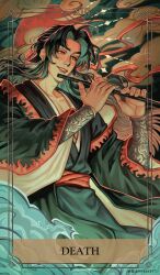 1boy belt bishounen black_hair black_hanfu black_robe border bracer bright_pupils card_(medium) chinese_clothes cloud color_contrast colored_smoke commentary cowboy_shot death_(tarot) dizi english_commentary english_text flute gold_border green_light green_sky hair_ribbon halo hanfu highres holding holding_flute holding_instrument inset_border instrument layered_clothes long_hair long_sleeves male_focus modao_zushi moon night open_mouth ornate_border red_belt red_eyes red_moon red_ribbon red_trim ribbon robe roman_numeral sky smile smoke solo tarot tarot_(medium) transverse_flute underlighting verbartt wei_wuxian wei_wuxian_(yiling_laozu) white_pupils