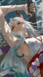 1girl absurdres arm_up armpits breasts club_(weapon) cuffs curled_horns daodtt dress from_below hashtag-only_commentary highres horns japanese_clothes kimono large_breasts low-cut_armhole multicolored_hair one_piece oni orange_eyes parted_lips red_horns shackles sideboob sleeveless sleeveless_kimono solo streaked_hair weapon white_hair yamato_(one_piece)