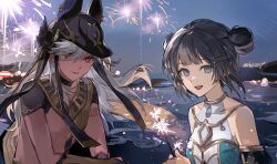 1boy 1girl bare_shoulders black_hair blue_eyes character_request closed_mouth commission cyno_(genshin_impact) dark-skinned_male dark_skin double_bun genshin_impact hair_bun highres open_mouth red_eyes smile teeth twice12314 upper_body upper_teeth_only white_hair